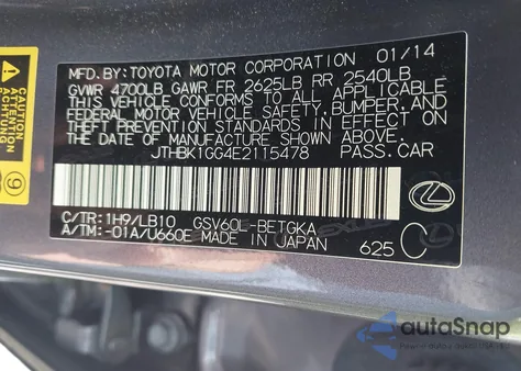 2014 Lexus Es 350 350 from USA, damaged, VIN JTHBK1GG4E2115478
